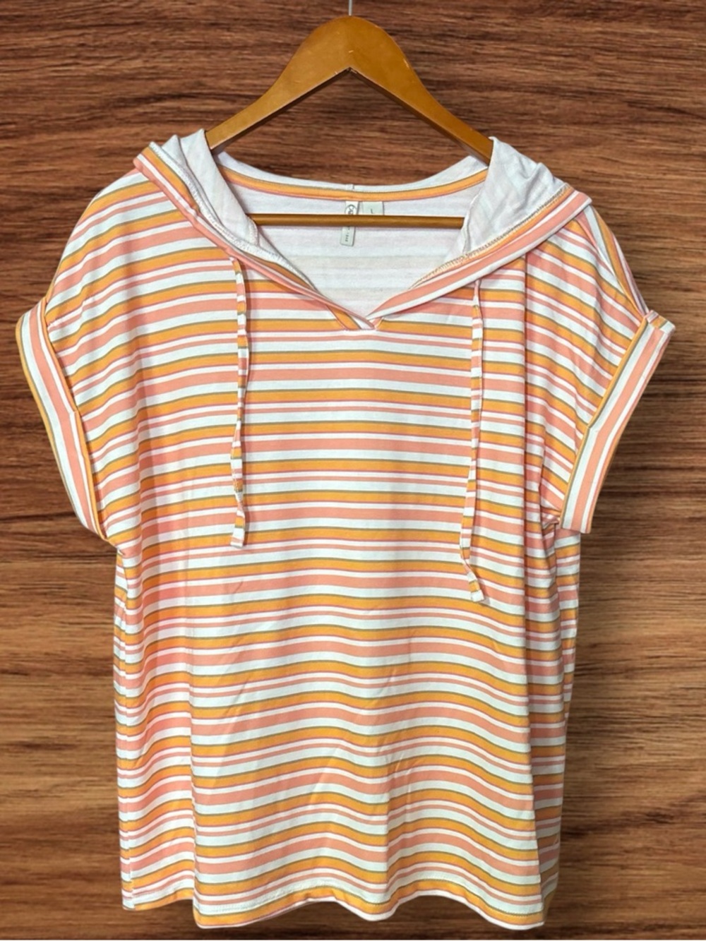 Cato Fashions Short-Sleeve Striped Hooded Top in Peach, White & Pale Yellow